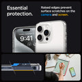 ACS06708 - iPhone 15 Pro Case Ultra Hybrid in frost clear showing the essential protection. Raised edges prevent surface scratches on the camera and screen