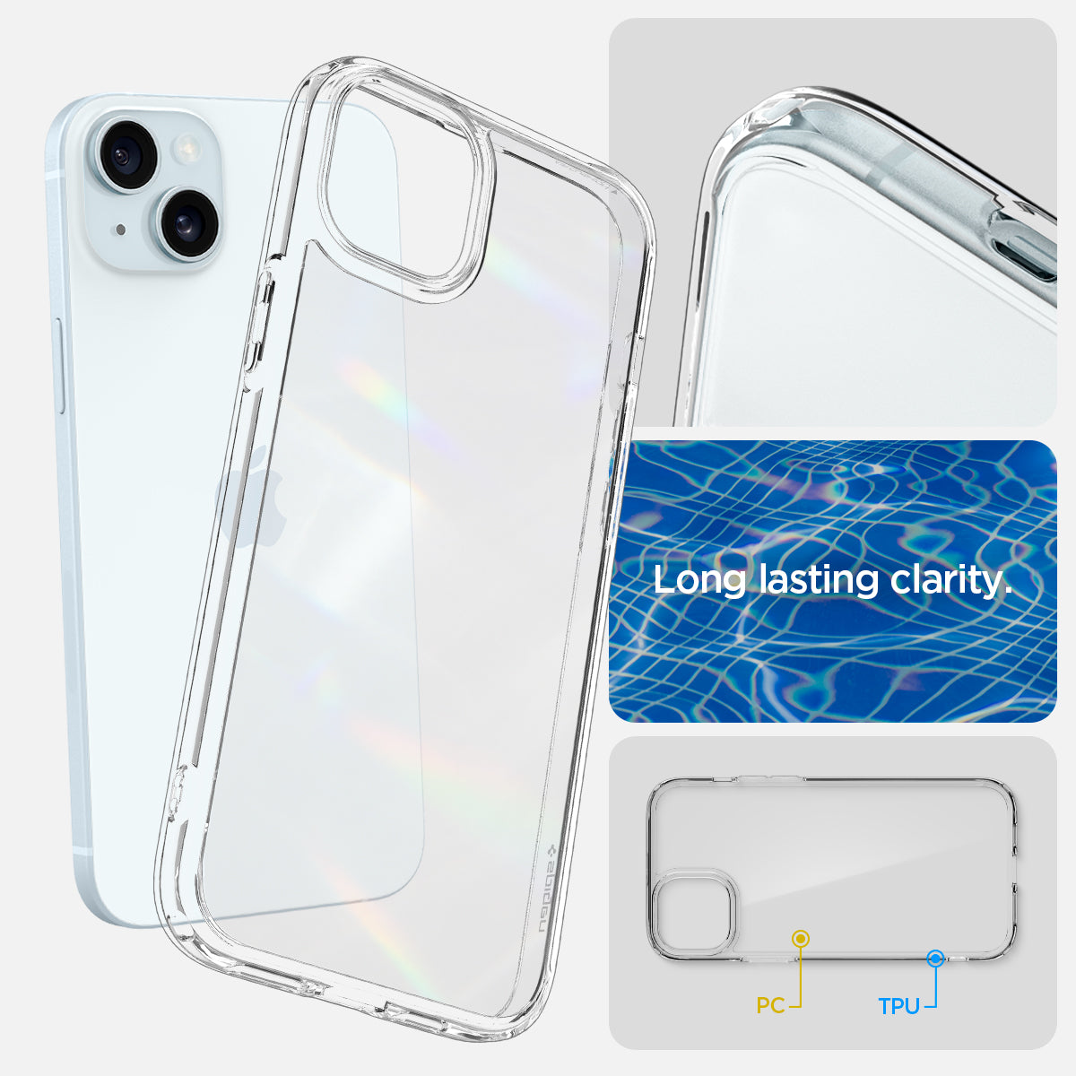 ACS06653 - iPhone 15 Plus Case Ultra Hybrid in crystal clear showing the long lasting clarity