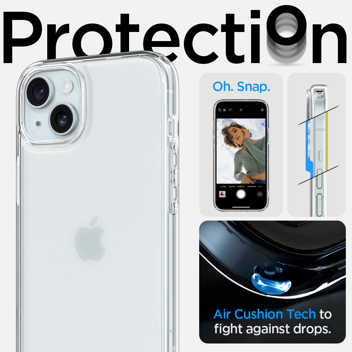 ACS06655 - iPhone 15 Plus Case Ultra Hybrid in frost clear showing the  air cushion tech to flight against drops