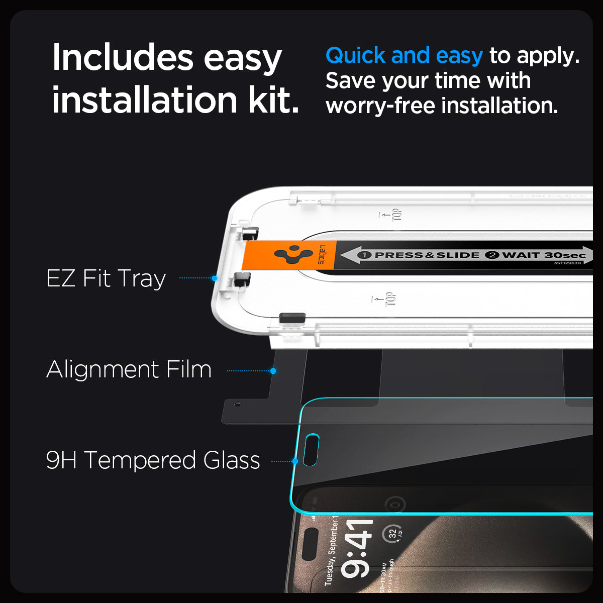 AGL06874 - iPhone 15 Pro Max Screen Protector EZ FIT GLAS.tR Privacy includes easy installation kit. Quick and easy to apply. Save your time with worry free installation. EZ Fit tray, Alignment film, 9H tempered glass.