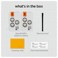 AGL05598 - iPhone 15 Pro / 15 Pro Max Optik Pro Lens Protector in gold what's in the box. Glas.tR EZFit Optik Pro 2Pack (black), Removal tool, Cleaning tool, Dust removal sticker.