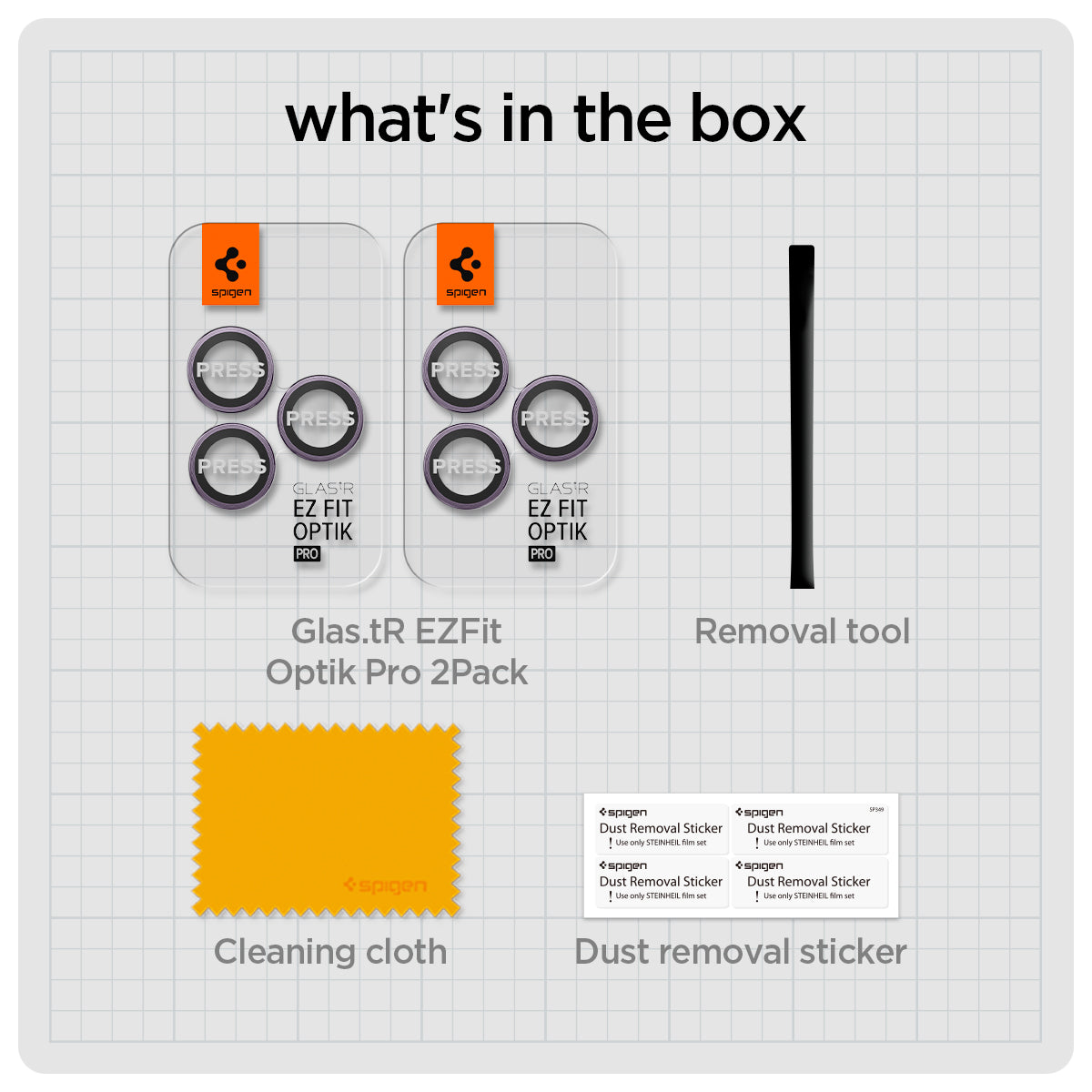 AGL05597 - iPhone 15 Pro / 15 Pro Max Optik Pro Lens Protector in deep purple what's in the box. Glas.tR EZFit Optik Pro 2Pack (black), Removal tool, Cleaning tool, Dust removal sticker.