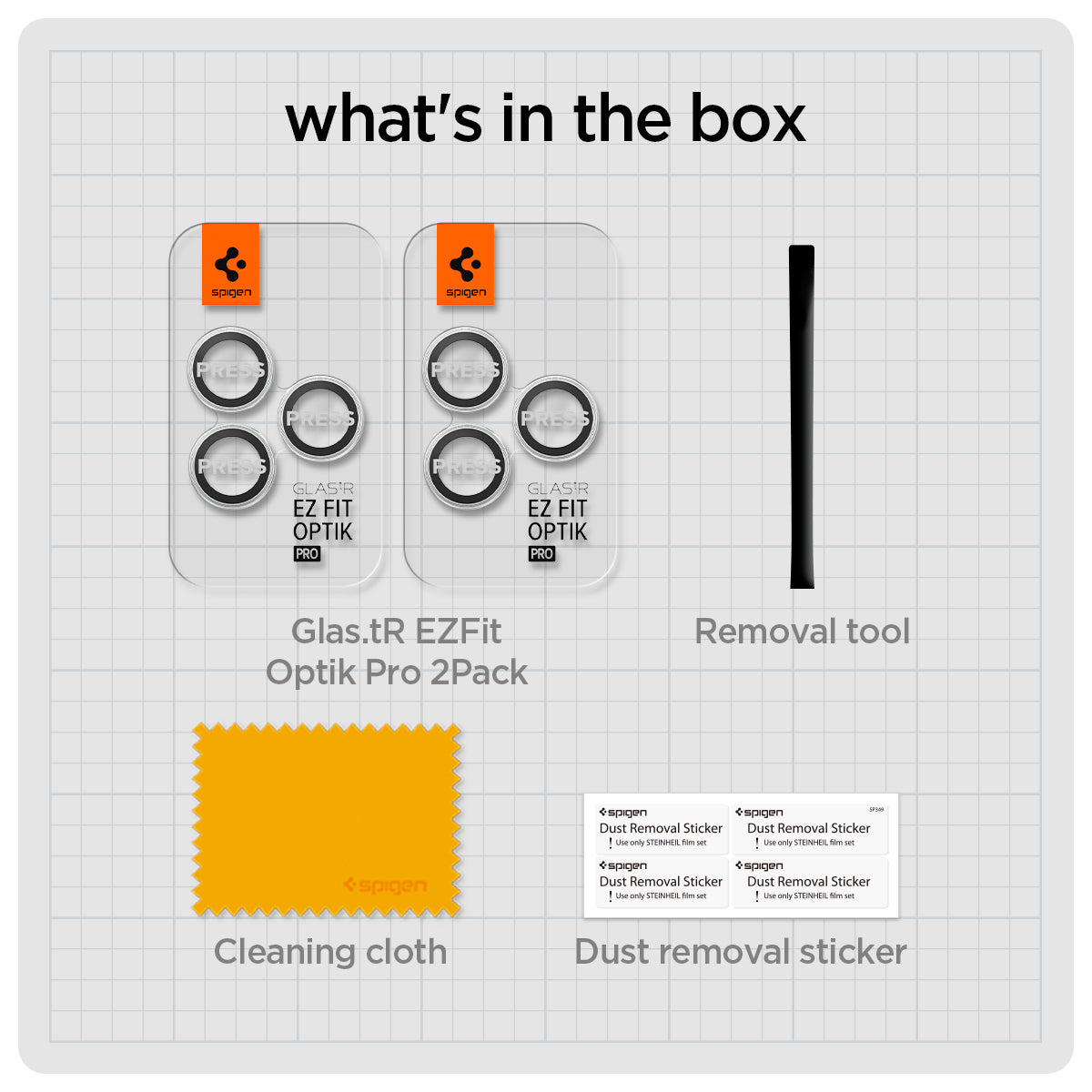 AGL05599 - iPhone 15 Pro / 15 Pro Max Optik Pro Lens Protector in silver what's in the box. Glas.tR EZFit Optik Pro 2Pack (black), Removal tool, Cleaning tool, Dust removal sticker.