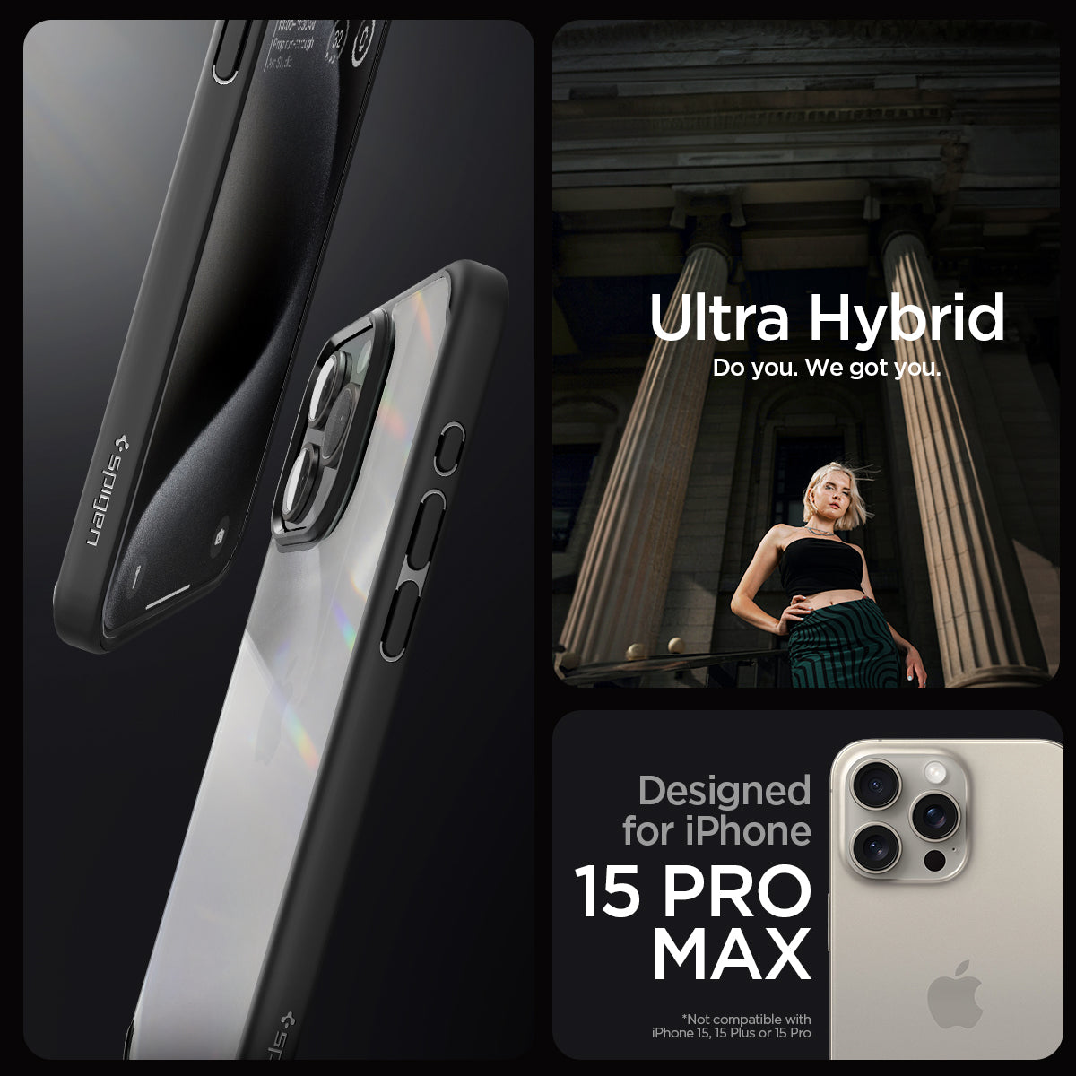 ACS06570 - iPhone 15 Pro Max Case Ultra Hybrid in matte black showing the compatibility only with iPhone 15 Pro Max. Not compatible with iPhone 15, 15 Plus or 15 Pro