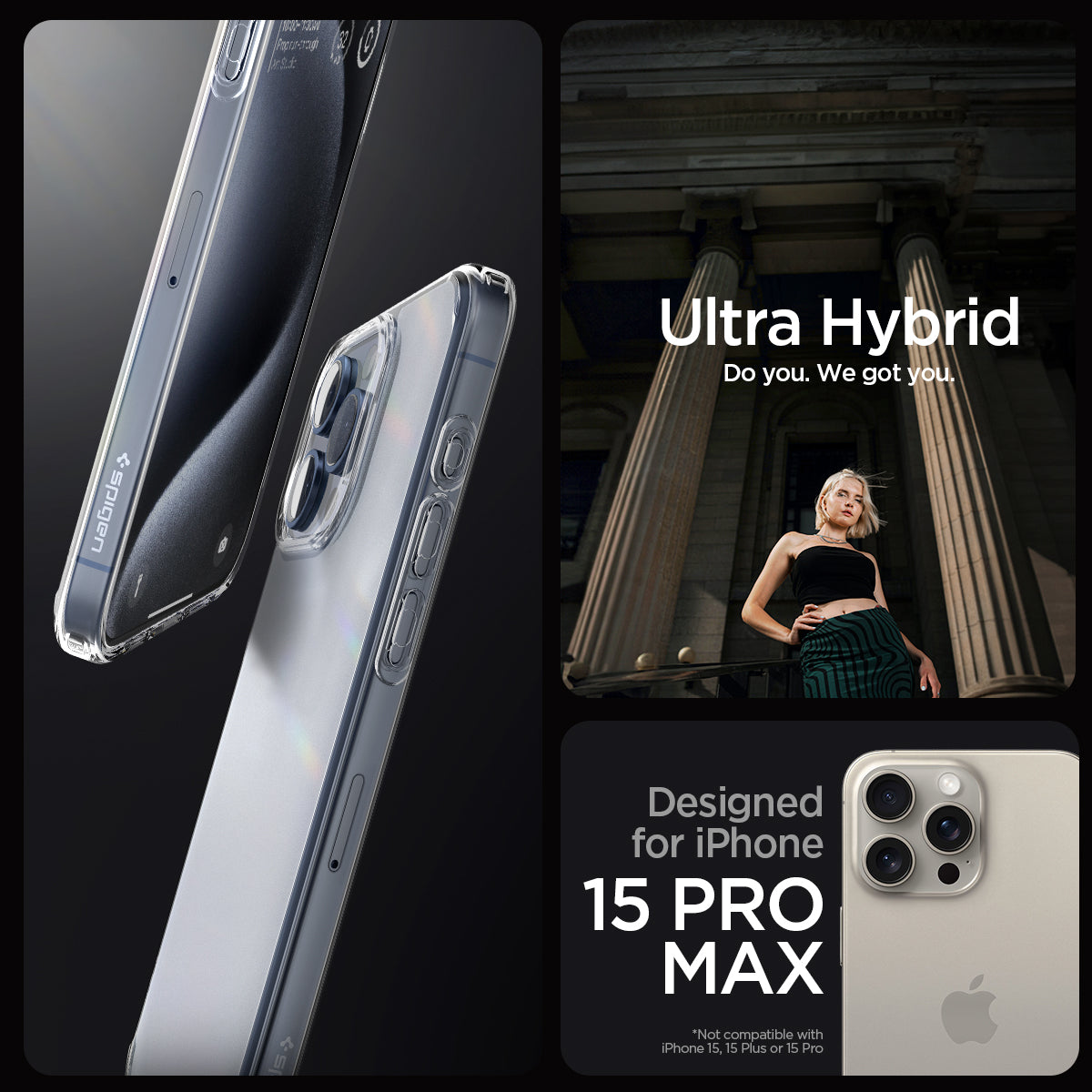 ACS06567 - iPhone 15 Pro Max Case Ultra Hybrid in frost clear showing the   compatibility only with iPhone 15 Pro Max. Not compatible with iPhone 15 | 15 Plus or 15 Pro