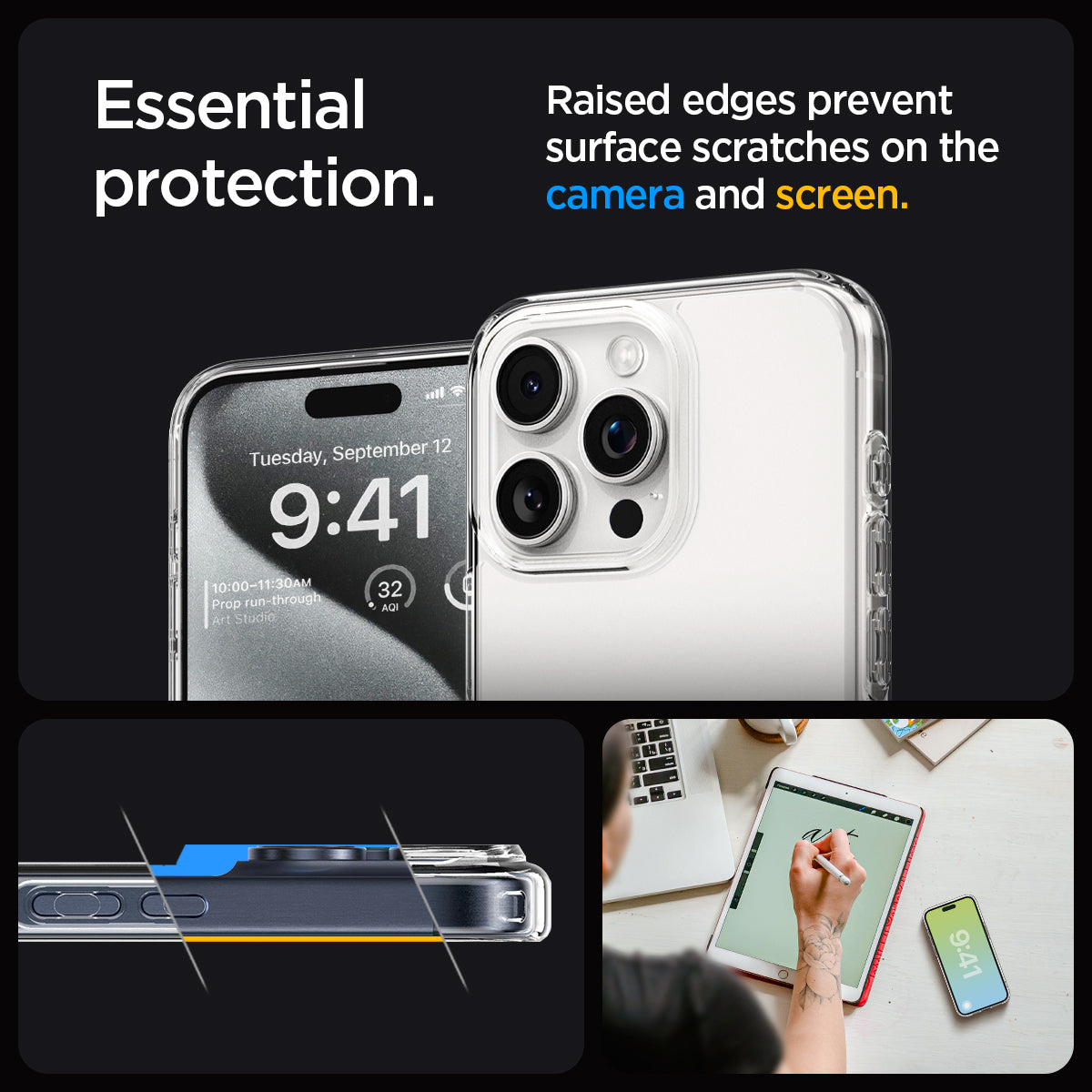ACS06567 - iPhone 15 Pro Max Case Ultra Hybrid in frost clear showing the  essential protection. Raised edges prevent surface scratches on the camera and screen