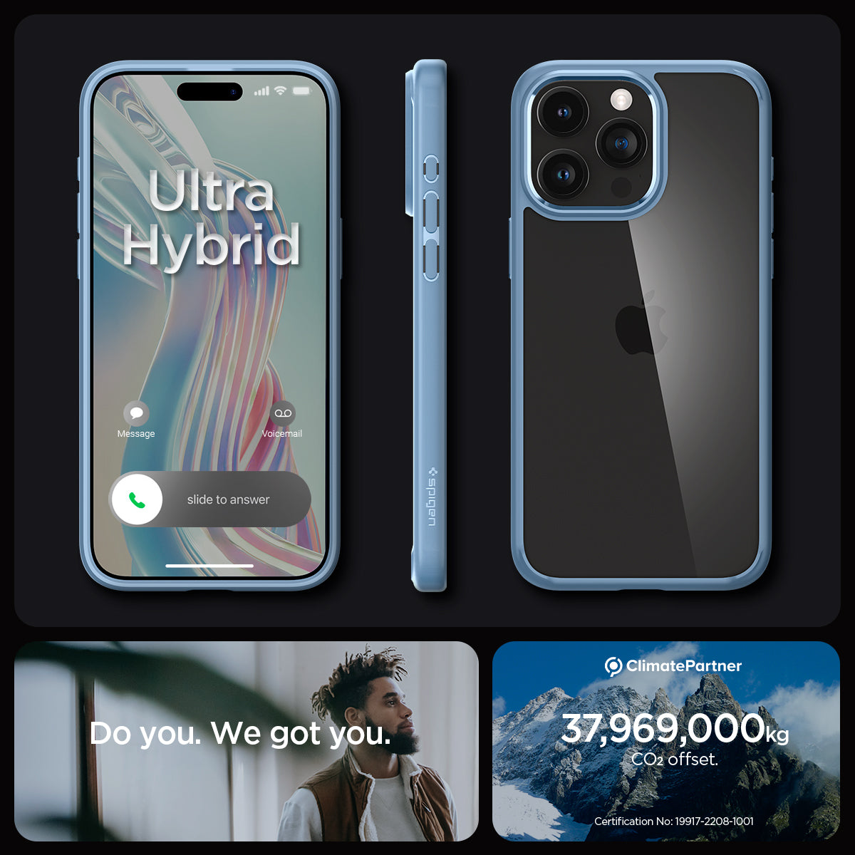 ACS06572 - iPhone 15 Pro Max Case Ultra Hybrid in sierra blue showing the different angles