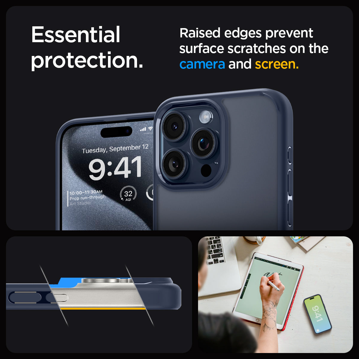 ACS06573 - iPhone 15 Pro Max Case Ultra Hybrid in navy blue showing the essential protection. Raised edges prevent surface scratches on the camera