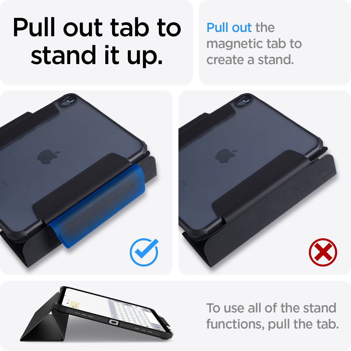 ACS05416 - iPad 10.9" Case Ultra Hybrid Pro in black showing how pulling out the tab to stand it up. Pull out the magnetic tab to create a stand and use all its functions 