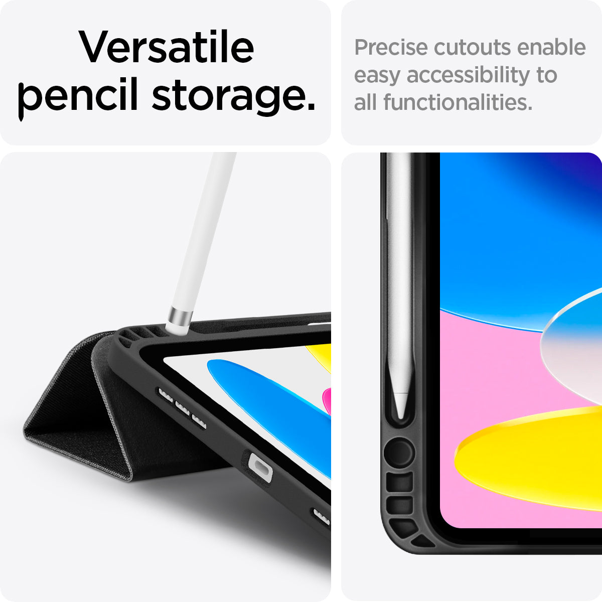ACS05306 - iPad 10.9" Case Urban Fit in black showing the versatile pencil storage. Precise cutouts enable easy accessibility to all functionalities