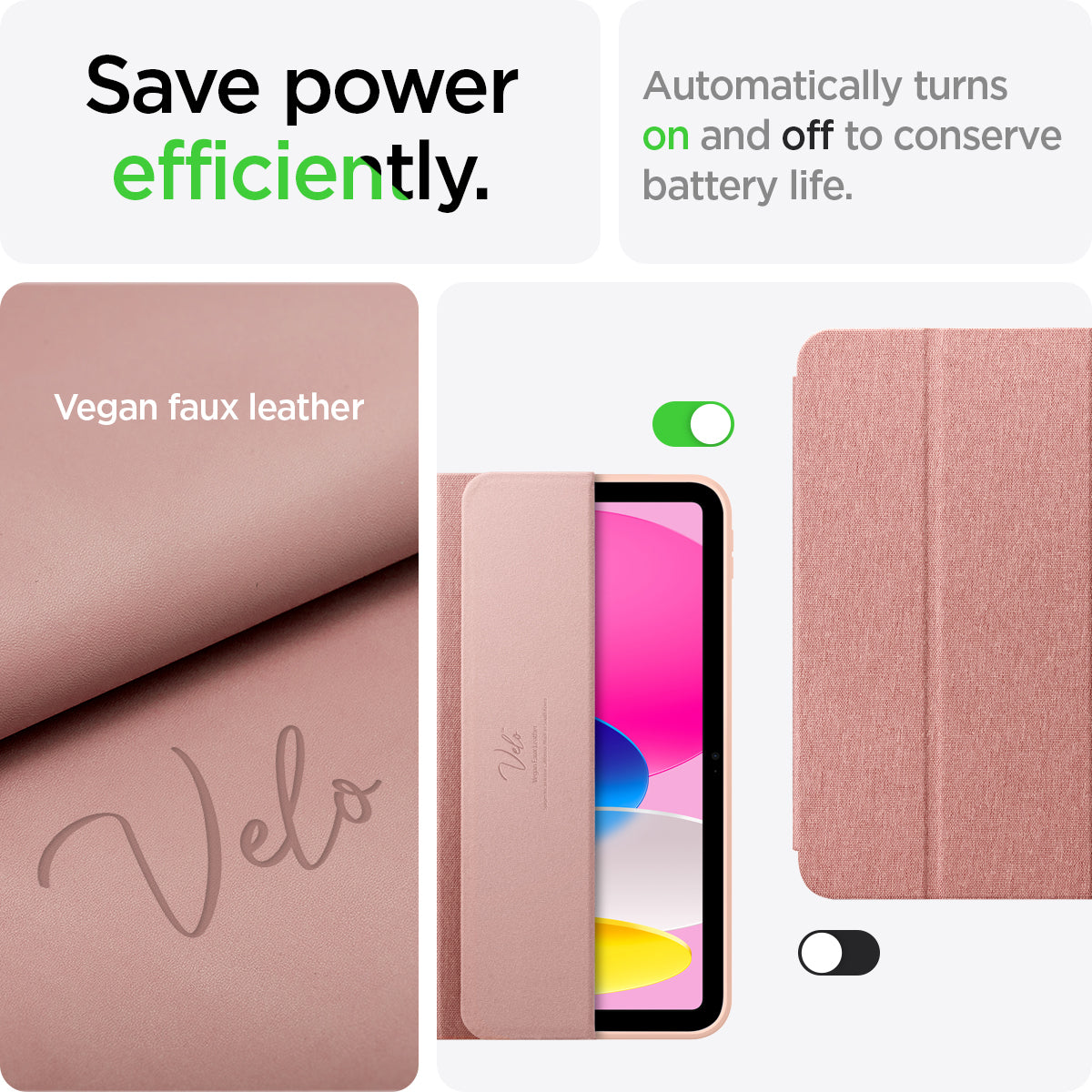 ACS05307 - iPad 10.9" Case Urban Fit in rose gold showing efficiently saves power. Automatically turns on and off to conserve battery life made with Vegan faux leather 