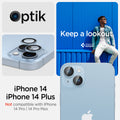 AGL05602 - iPhone 14 / 14 Plus Optik Pro Lens Protector in blue keep a lookout showing the compatibility only with iPhone 14, 14 plus. Not compatible with iPhone 14 pro, 14 pro max.