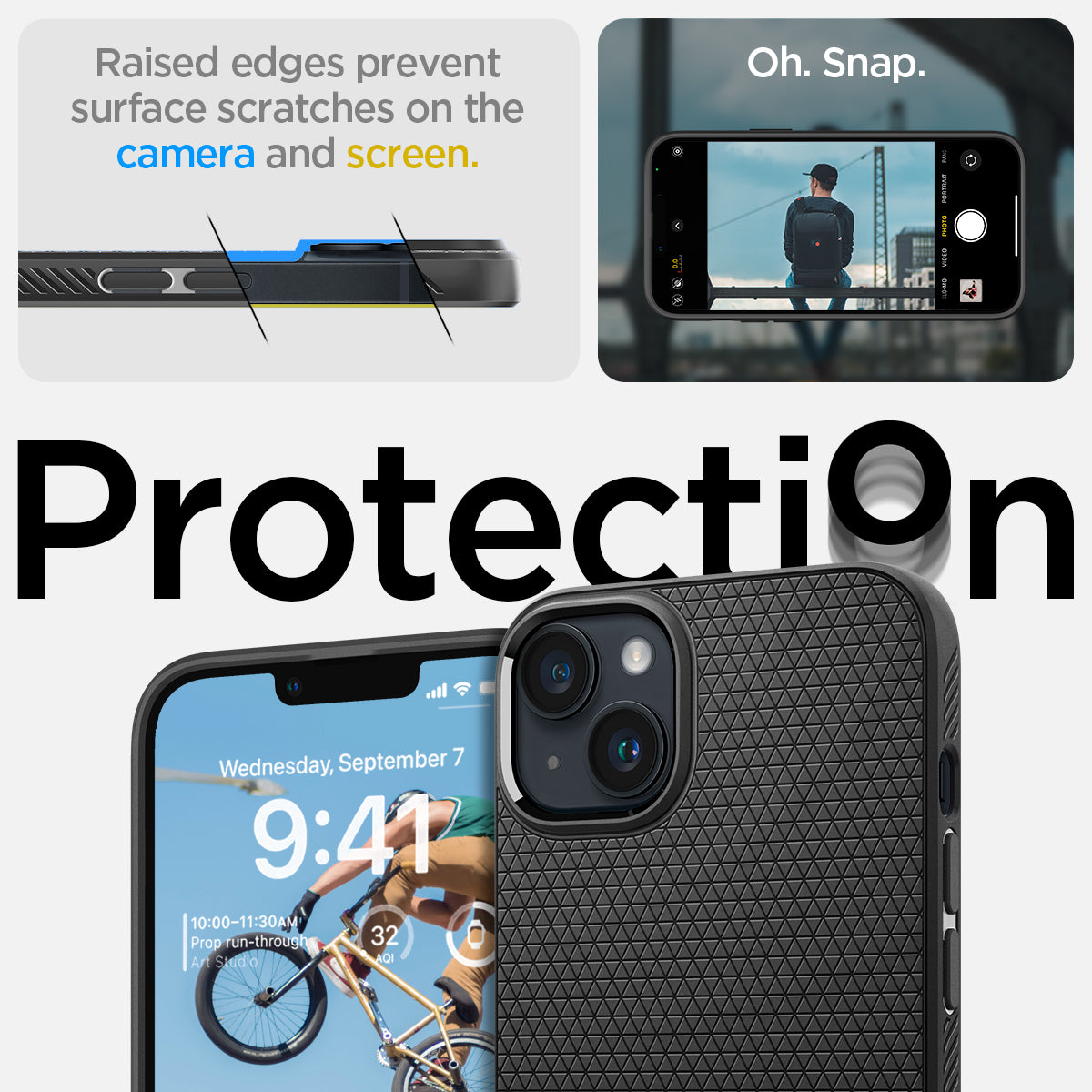 ACS05037 - iPhone 14 Case Liquid Air in matte black showing the raised edges prevent surface scratches on the camera and screen
