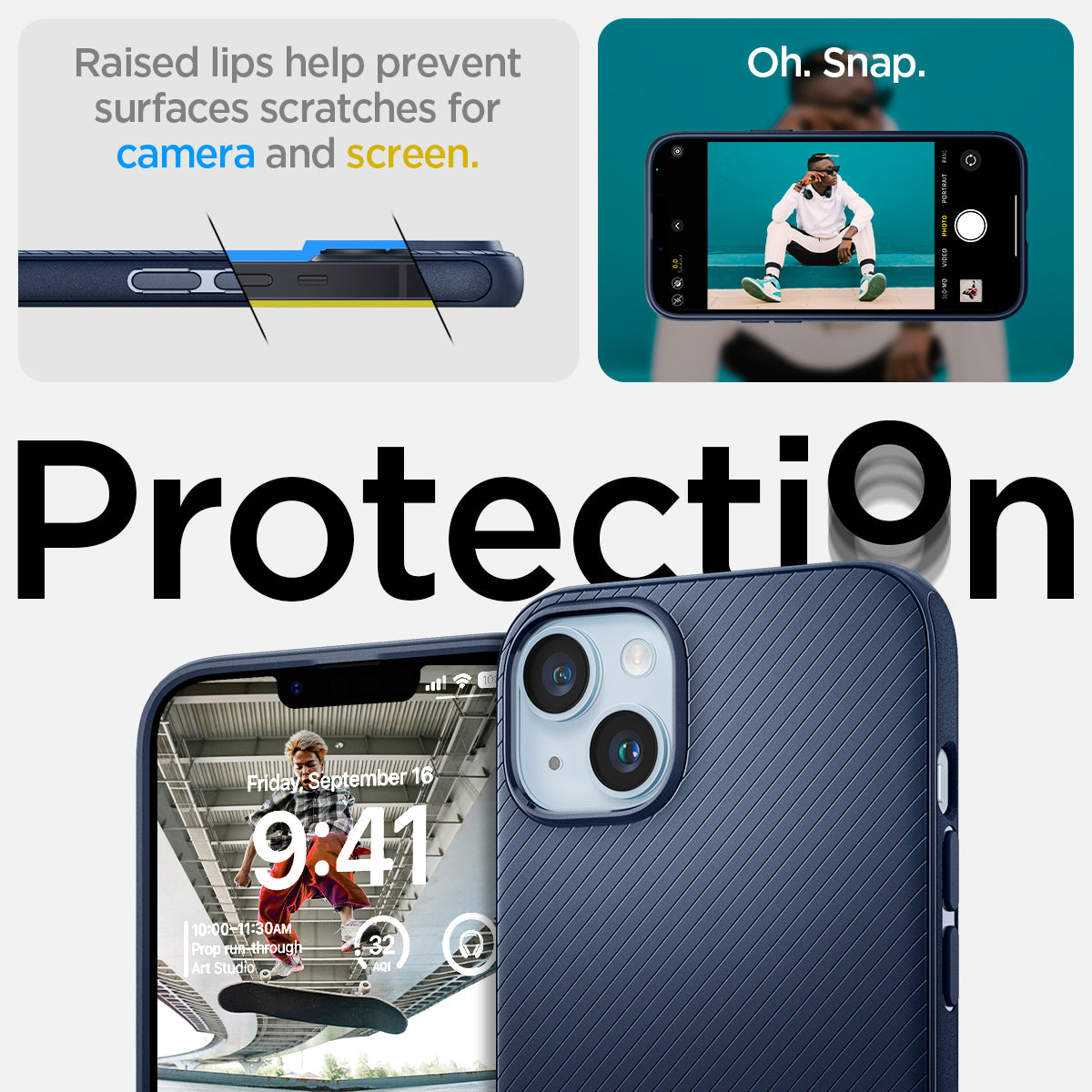 ACS05066 - iPhone 14 Case Mag Armor (MagFit) in navy blue raised lips help prevent surfaces scratches for camera and screen. Oh snap. Protection.