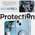ACS04904 - iPhone 14 Plus Case Ultra Hybrid (MagFit) in carbon fiber showing raised edges prevent surface scratches on the camera and screen. protection