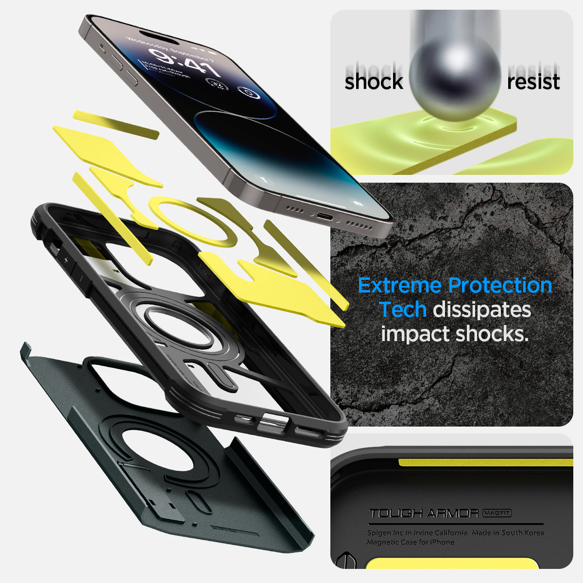 ACS04843 - iPhone 14 Pro Max Case Tough Armor (MagFit) in abyss green showing shock resist. Extreme protection tech dissipates impact shocks.
