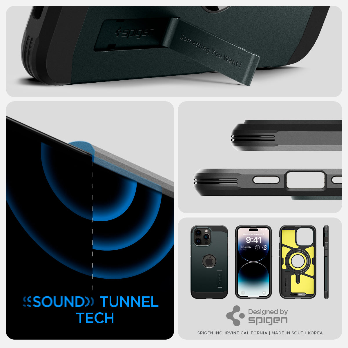ACS04843 - iPhone 14 Pro Max Case Tough Armor (MagFit) in abyss green  sound tunnel tech. Designed by spigen.
