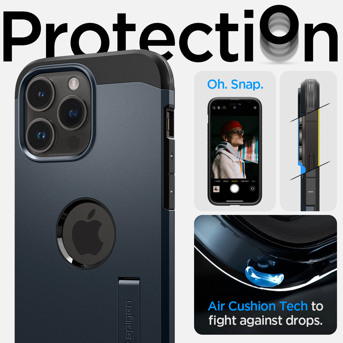 ACS04841 - iPhone 14 Pro Max Case Tough Armor (MagFit) in metal slate showing protection. Oh, snap. Air cushion tech to fight against drops.