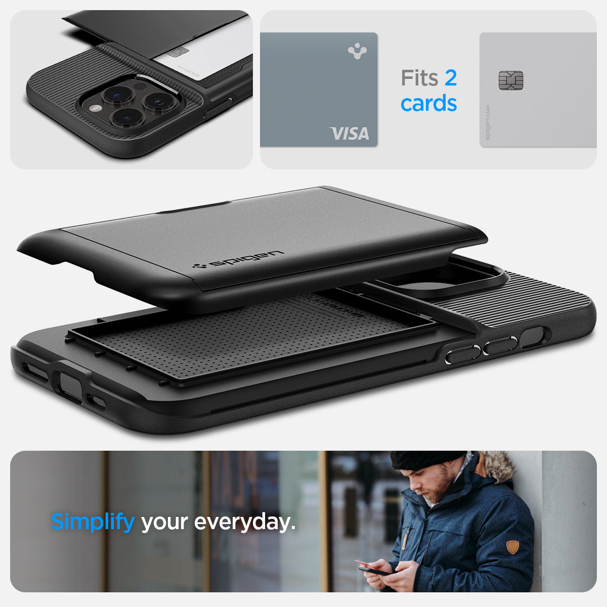 ACS04980 - iPhone 14 Pro Case Slim Armor CS in black showing simplify your everyday. fits 2 cards.