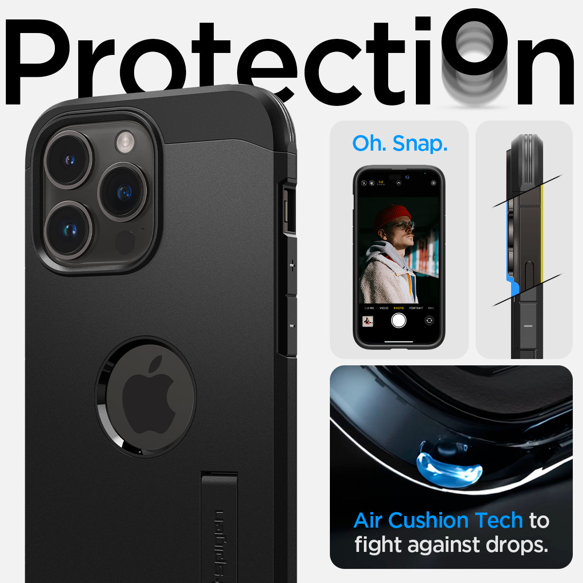 ACS04985 - iPhone 14 Pro Case Tough Armor (MagFit) in black showing protection. Oh, snap. Air cushion tech to fight against drops.