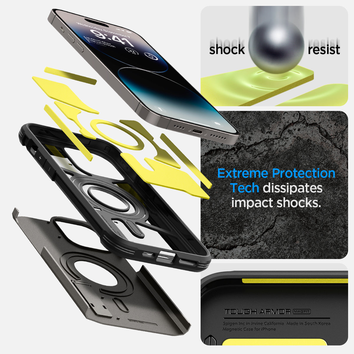 ACS04984 - iPhone 14 Pro Case Tough Armor (MagFit) in gunmetal showing shock resist. Extreme protection tech dissipates impact shocks.