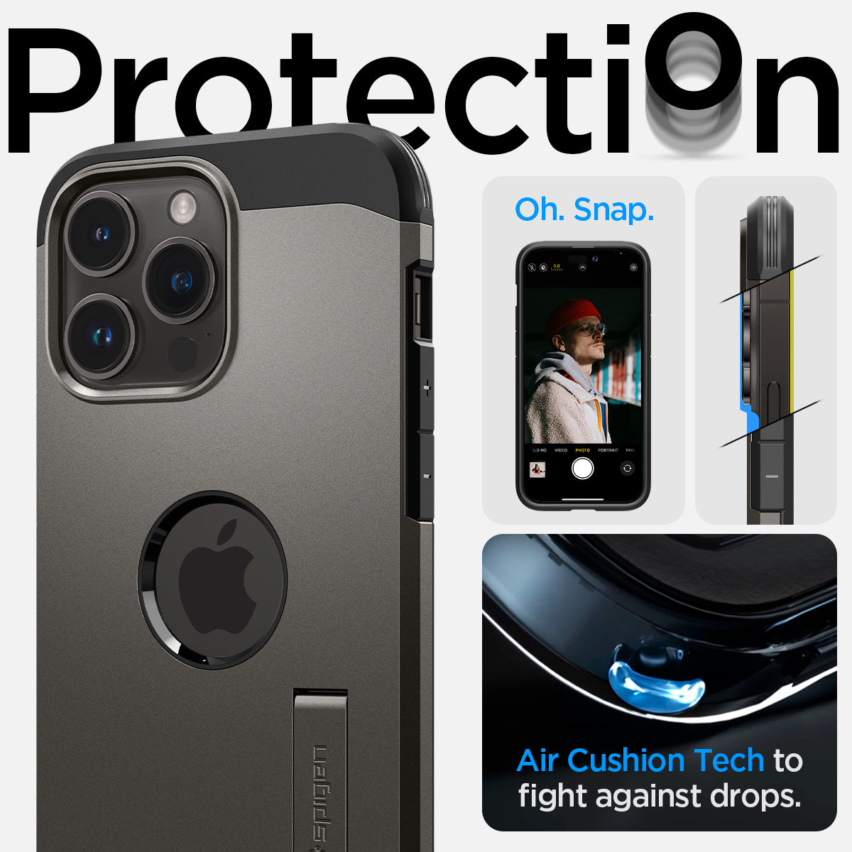 ACS04984 - iPhone 14 Pro Case Tough Armor (MagFit) in gunmetal showing protection. Oh, snap. Air cushion tech to fight against drops.
