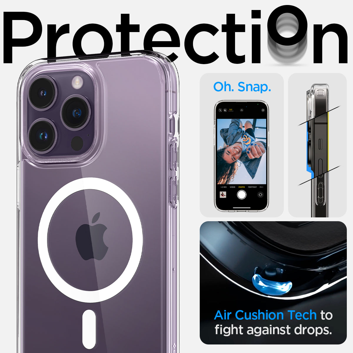 ACS04969 - iPhone 14 Pro Case Ultra Hybrid (MagFit) in white showing protection. oh snap. Air cushion tech to fight against drops.