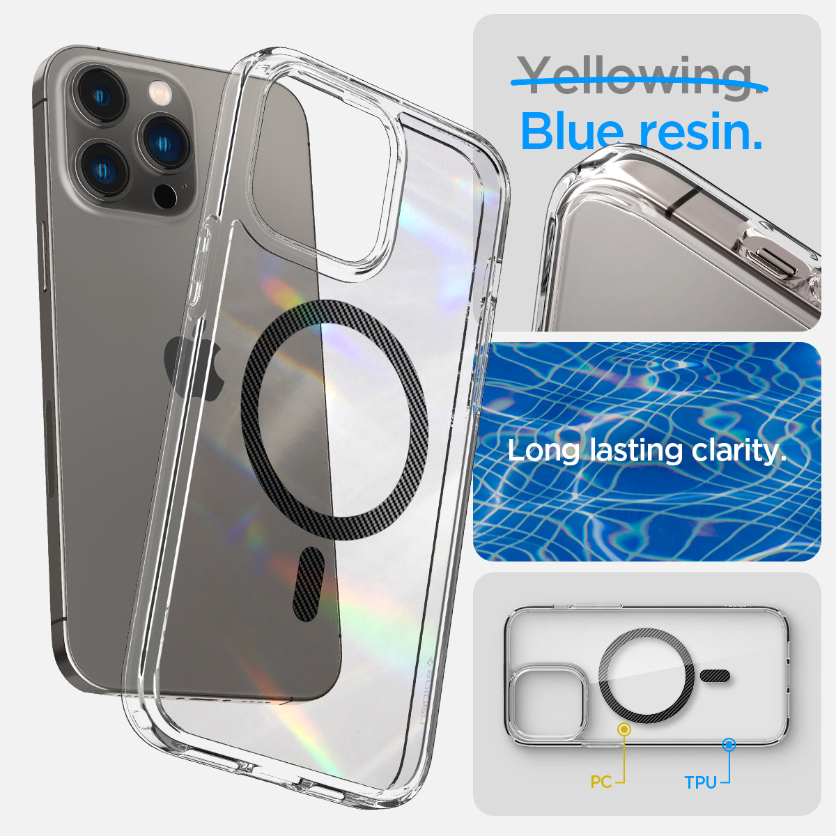 ACS04827 - iPhone 14 Pro Max Case Ultra Hybrid (MagFit) in carbon fiber blue resin. Long lasting clarity.