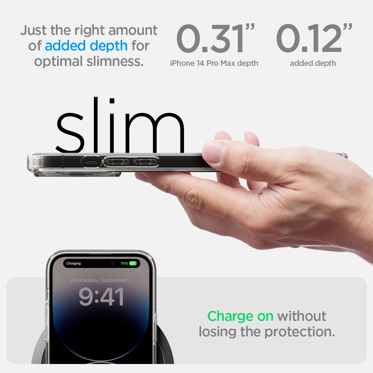 ACS04827 - iPhone 14 Pro Max Case Ultra Hybrid (MagFit) in carbon fiber showing just right amount of added depth for optimal slimness. charge on without losing the protection.