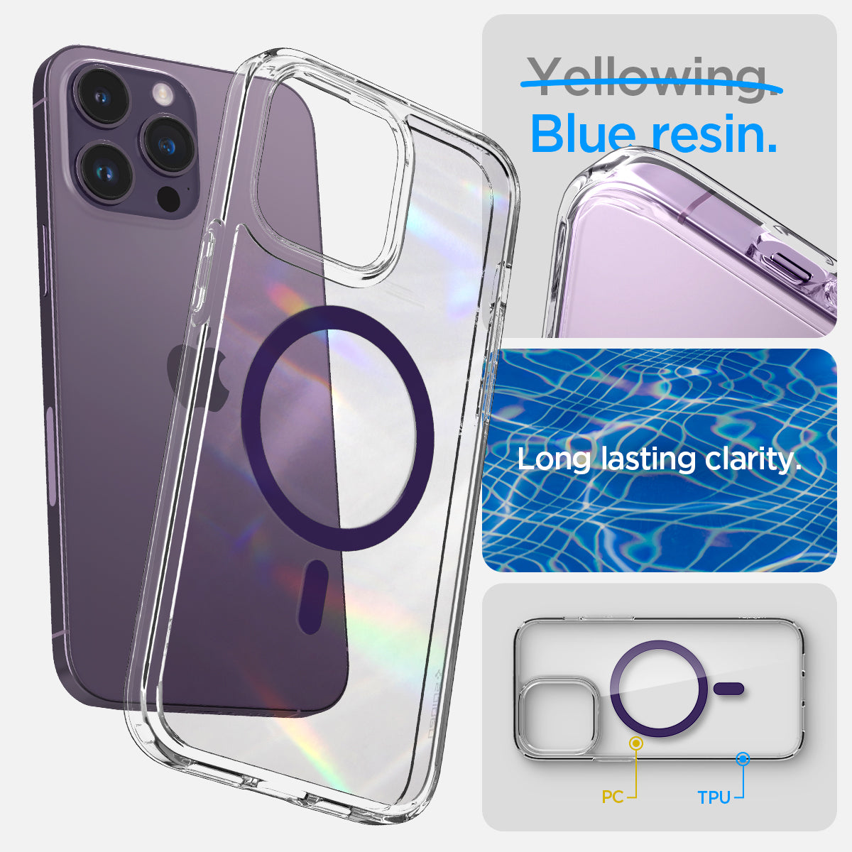 ACS05581 - iPhone 14 Pro Max Case Ultra Hybrid (MagFit) in deep purple  blue resin. Long lasting clarity.