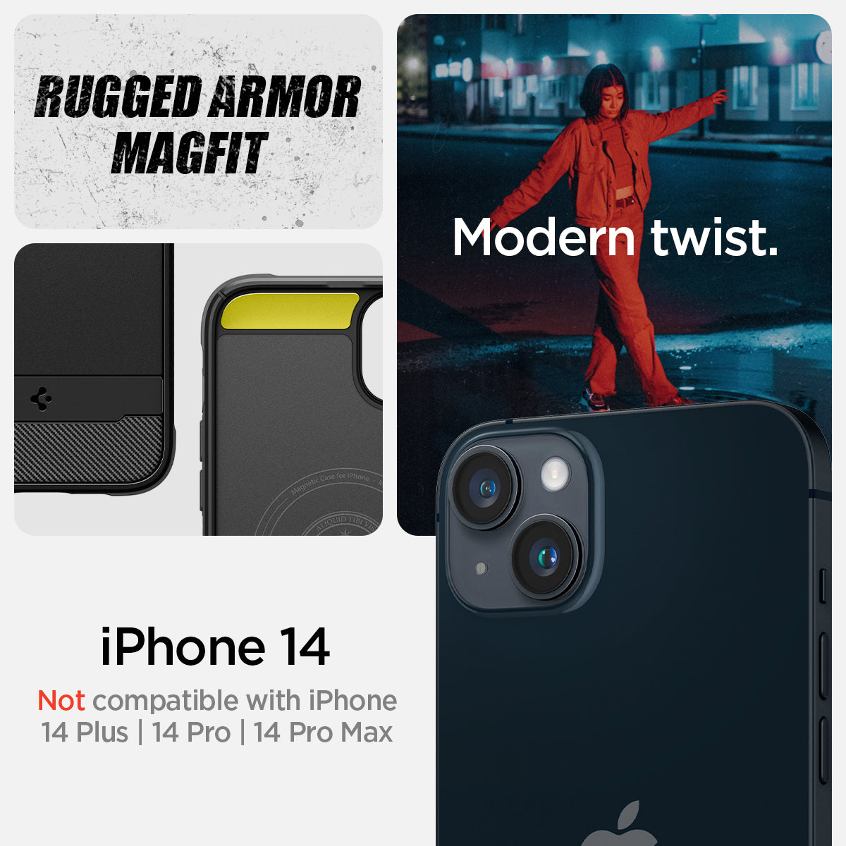ACS05036 - iPhone 14 Case Rugged Armor (MagFit) in matte black showing rugged armor magfit. Modern twist. iPhone 14 plus not compatible with iPhone 14, 14pro, 14 pro max.
