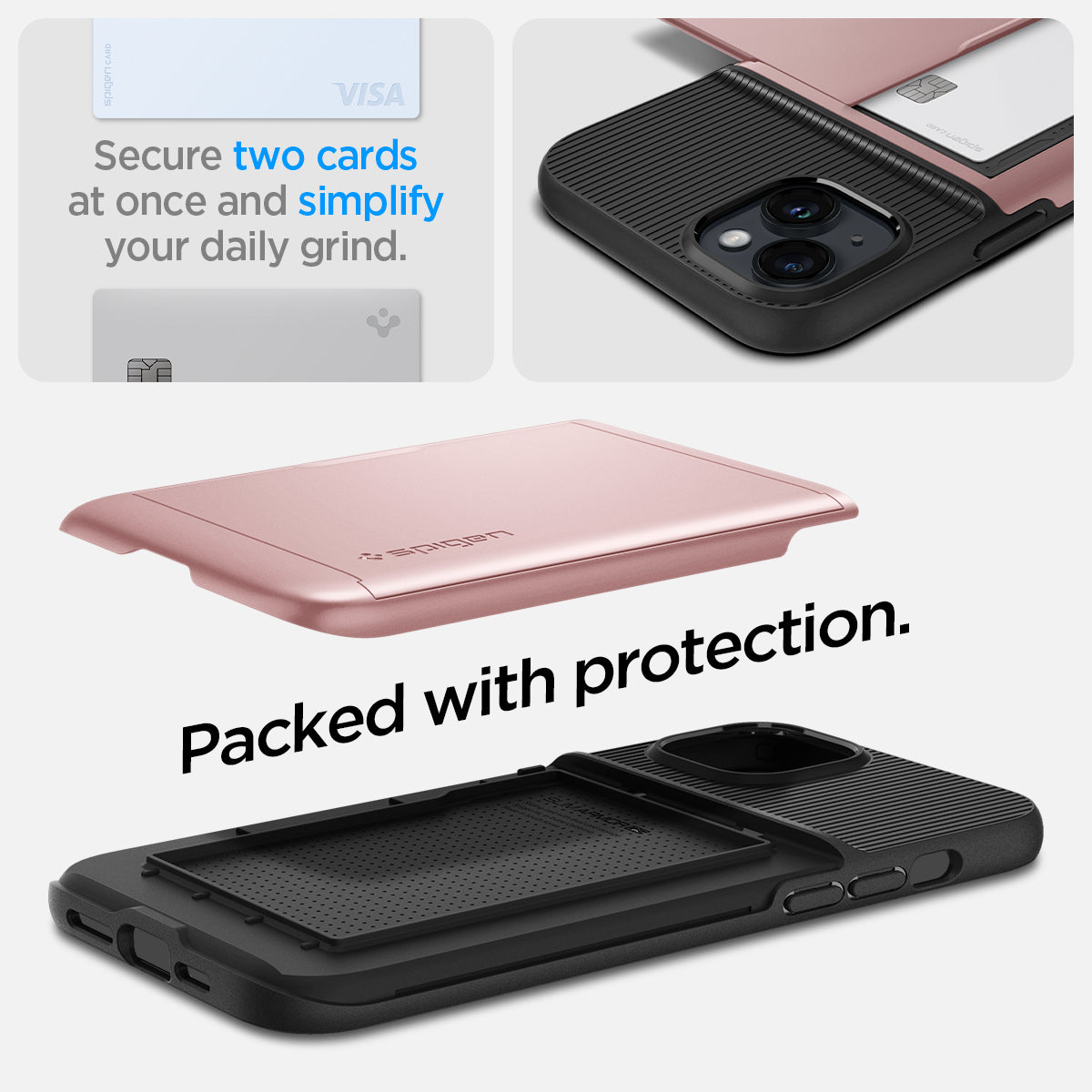 ACS05059 - iPhone 14 Case Slim Armor CS in rose gold  showing the back showing secure two cards at once and simplify your daily grind. Packed with protection.