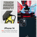 ACS05061 - iPhone 14 Case Tough Armor (MagFit) in gunmetal showing tough armor magfit. toughen it out. iPhone 14. Not compatible with iPhone 14 plus, 14 pro, 14 pro max.