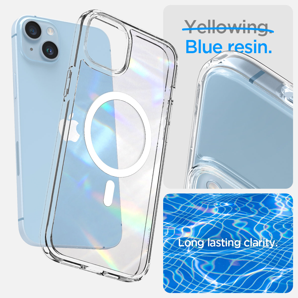 ACS05048 - iPhone 14 Case Ultra Hybrid (MagFit) in white showing blue resin. Long lasting clarity.