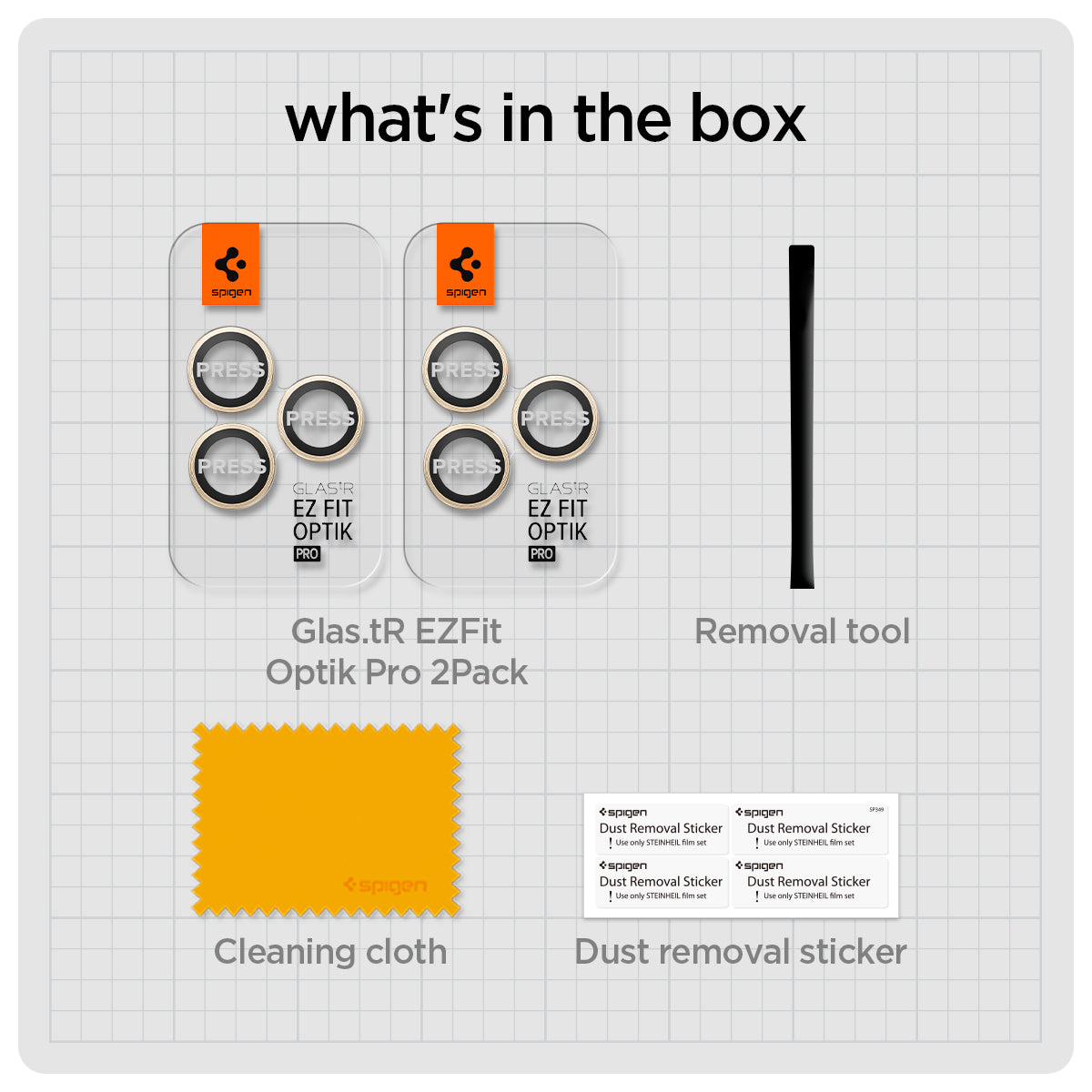 AGL05598 - iPhone 14 Pro / 14 Pro Max Optik Pro Lens Protector in gold what's in the box. Glas.tR EZFit Optik pro 2 pack, removal tool, cleaning cloth, dust removal sticker.