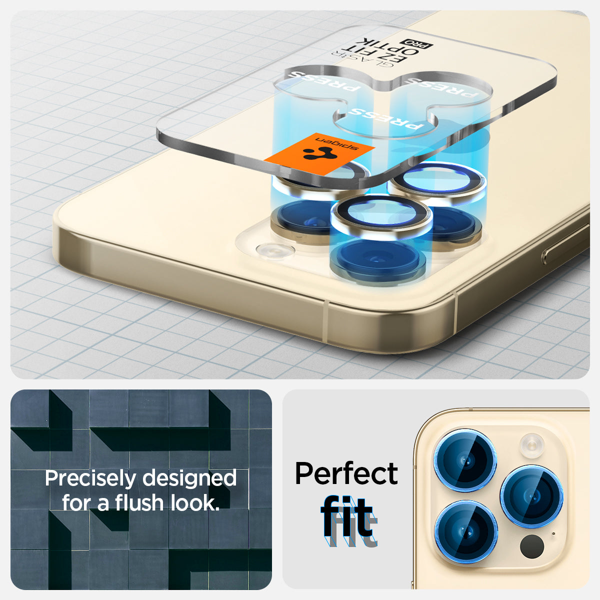 AGL05598 - iPhone 14 Pro / 14 Pro Max Optik Pro Lens Protector in gold  showing the perfect fit. Precisely designed for a flush look