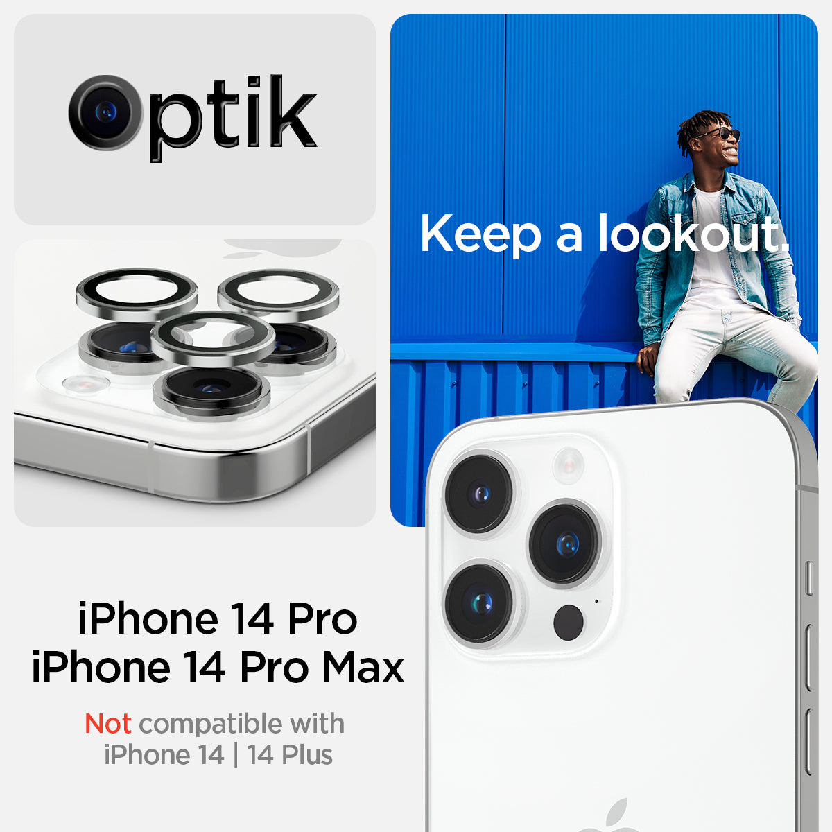 AGL05599 - iPhone 14 Pro / 14 Pro Max Optik Pro Lens Protector in silver  keep a lookout showing the compatibility only with iPhone 14 pro, 14 pro max. Not compatible with iPhone 14, 14 plus.