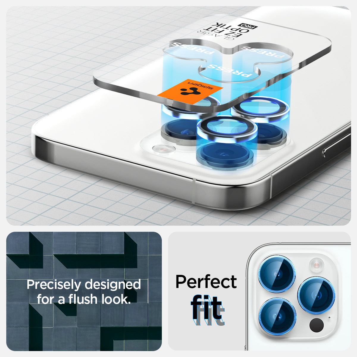 AGL05599 - iPhone 14 Pro / 14 Pro Max Optik Pro Lens Protector in silver  showing the perfect fit. Precisely designed for a flush look