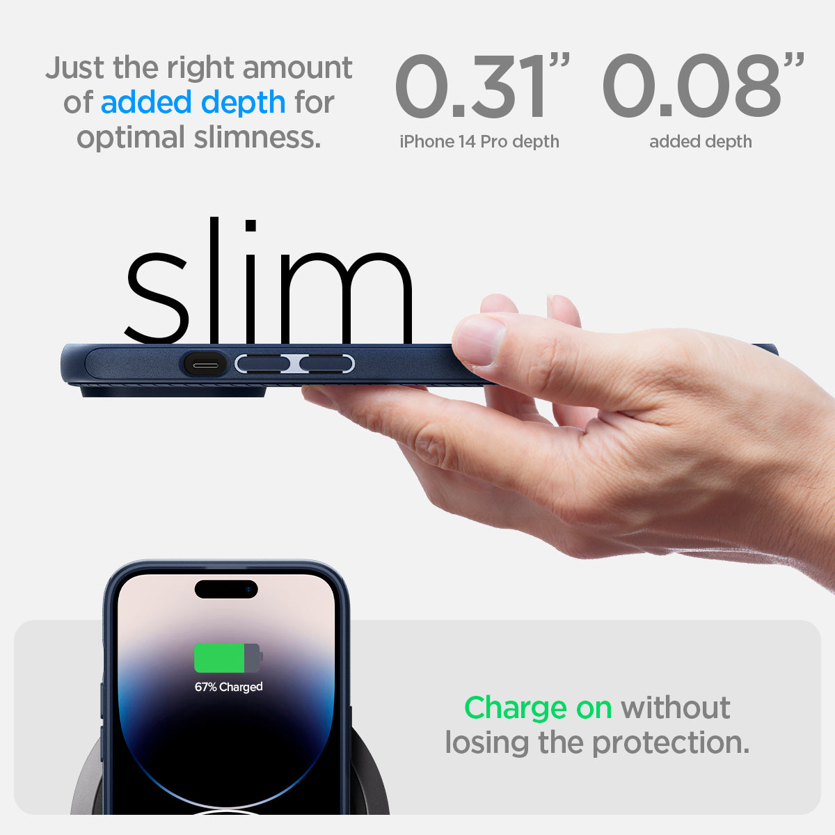 ACS04990 - iPhone 14 Pro Case Mag Armor (MagFit) in navy blue  just the right amount of added depth for optimal slimness. Charge on without losing the protection.