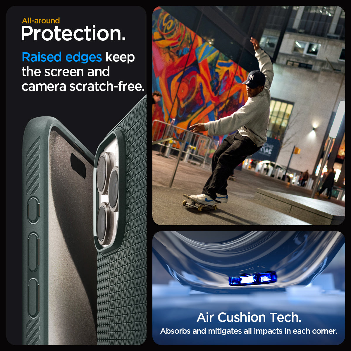 ACS06706 - iPhone 15 Pro Case Liquid Air in abyss green all-around protection. Raised edges keep the screen  and camera scratch-free. Air Cushion Tech. Absorbs and mitigates all impacts in each corner