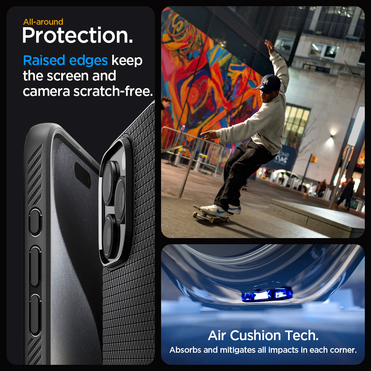 ACS06704 - iPhone 15 Pro Case Liquid Air in matte black all-around protection. Raised edges keep the screen  and camera scratch-free. Air Cushion Tech. Absorbs and mitigates all impacts in each corner