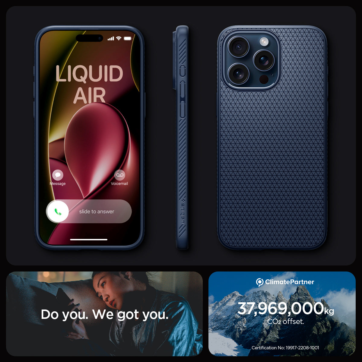 ACS06705 - iPhone 15 Pro Case Liquid Air in navy blue showing the different angles. do you. we got you.