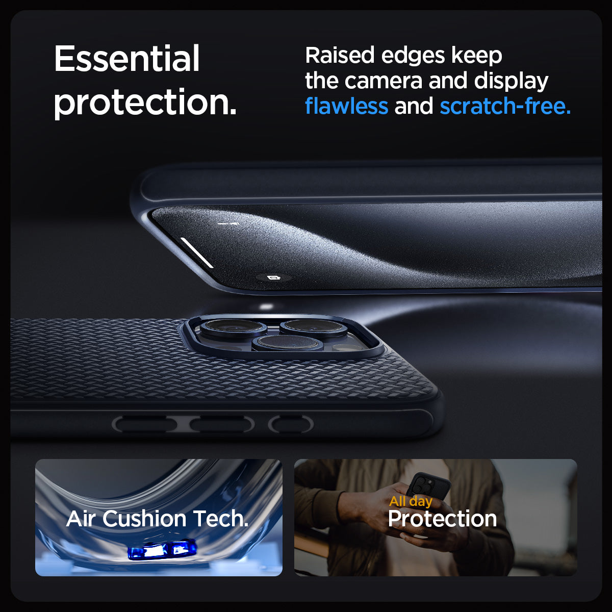 ACS06737 - iPhone 15 Pro Case Mag Armor (MagFit) in navy blue essential protection. raised edges keep the camera and display flawless and scratch free. Air cushion tech. All day protection.