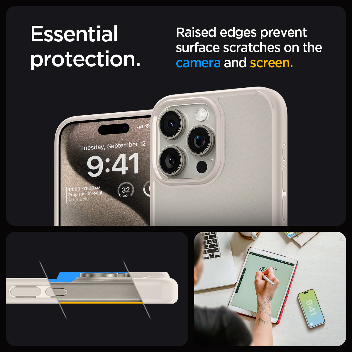 ACS07214 - iPhone 15 Pro Ultra Hybrid Case in Natural Titanium showing the essential protection. Raised edges prevent surface scratches n the camera and screen