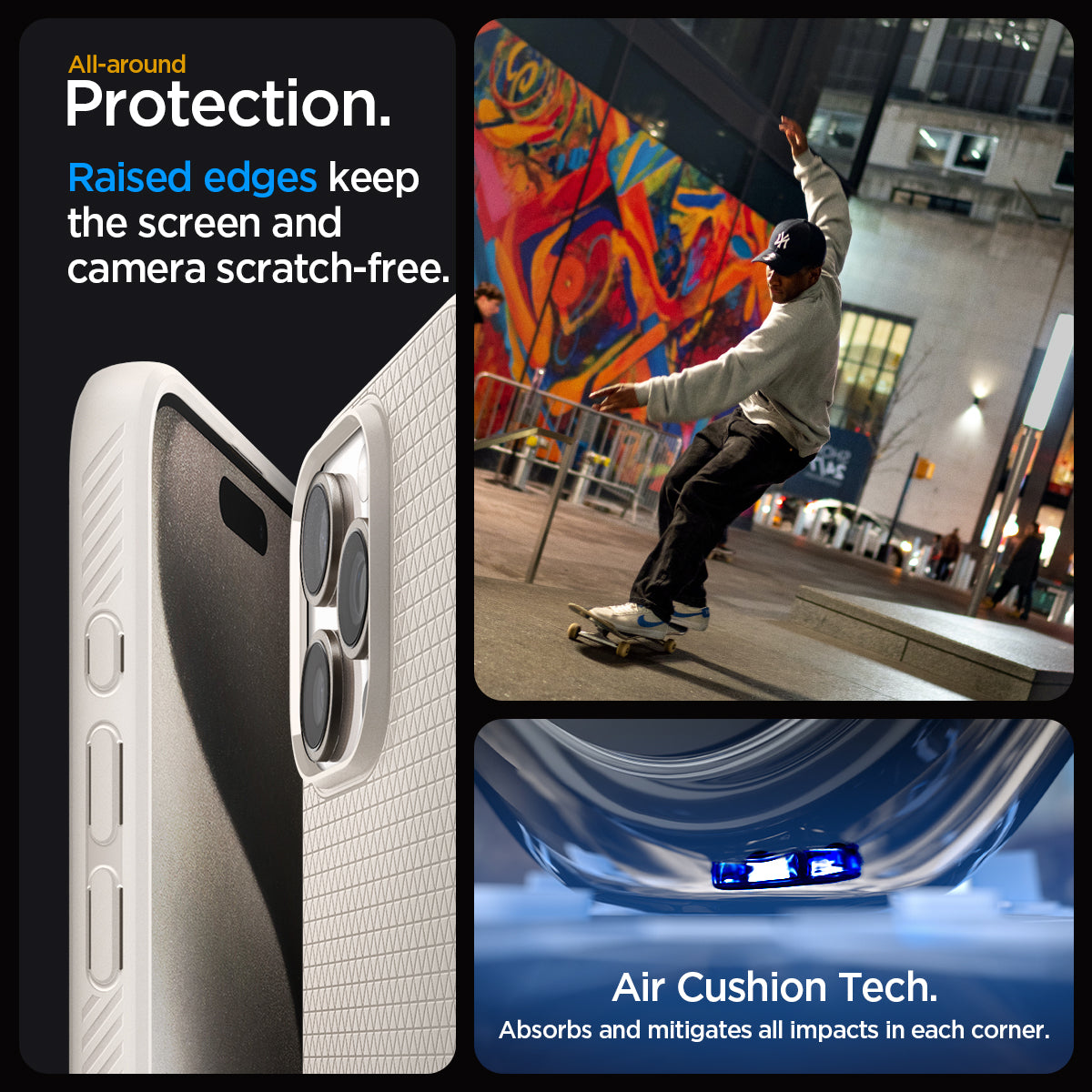 ACS07212 - iPhone 15 Pro Max Case Liquid Air in Natural Titanium all-around protection. Raised edges keep the screen  and camera scratch-free. Air Cushion Tech. Absorbs and mitigates all impacts in each corner