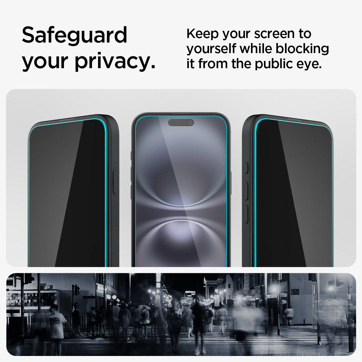 AGL06885 - iPhone 16 Plus GLAS.tR EZ Fit Privacy showing how to safeguard your privacy. Keep you screen to yourself while blocking it from the public eye