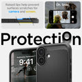 ACS08087 - iPhone 16 Plus Case Rugged Armor (MagFit) in Matte Black showing the raised lips help prevent surfaces scratches for camera and screen
