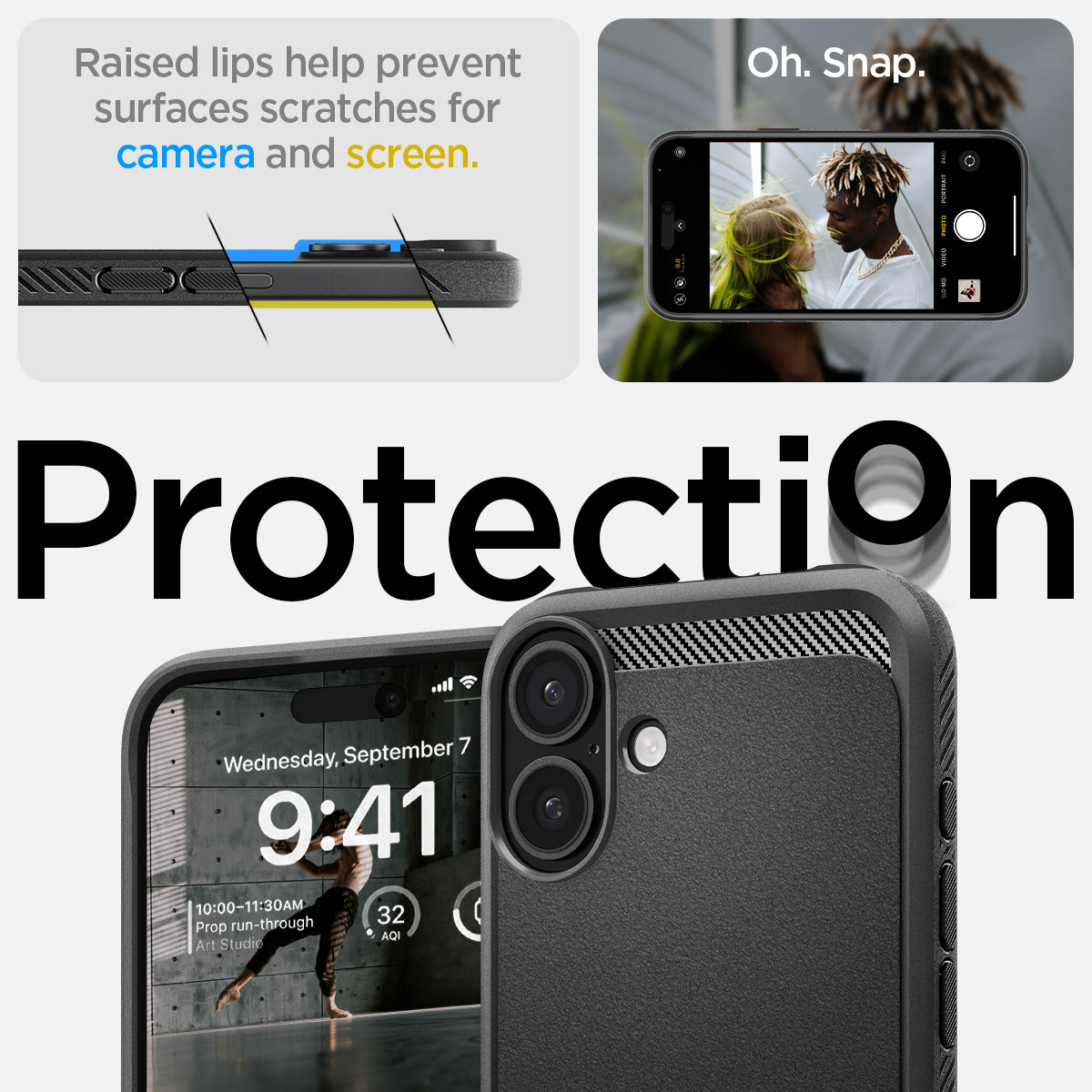 ACS08214 - iPhone 16 Case Rugged Armor (MagFit) in Matte Black showing the raised lips help prevent surfaces scratches for camera and screen