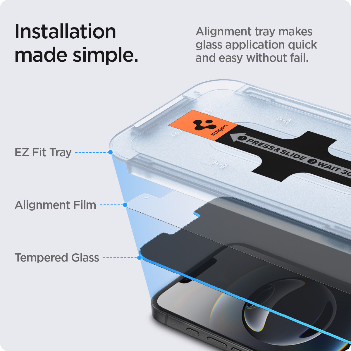 AGL03388 - iPhone 16e Screen Protector EZ FIT GLAS.tR Privacy showing how the installation made simple. Alignment tray makes glass application quick and easy without fail. Parts: EZ Fit Tray, Alignment Film and Tempered Glass 