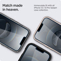 AGL03388 - iPhone 16e Screen Protector EZ FIT GLAS.tR Privacy showing the match made in heaven. Immaculate fit with all iPhone 13 | 13 Pro Spigen case collection